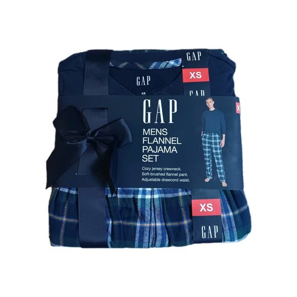 Gap Men's Flannel Crewneck Long Sleeve Drawcord Pajama Set Midnight Plaid XS - Picture 1 of 4